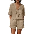 thumbnail image 3 of AHTJRT Women's 2 Piece Shorts Set Casual Cotton Linen Outfits V Neck 3/4 Sleeve Tops Summer Shorts Lounge Set Coffee S, 3 of 10