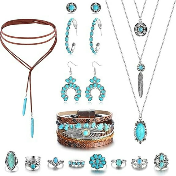 Western Jewelry For Women Bohemian Turquoise Jewelry Set Turquoise Pendant Choker Necklace Turquoise Faux Leather Cuff Bracelet Turquoise Hoop Dangle Earrings Turquoise Joint Knuckle