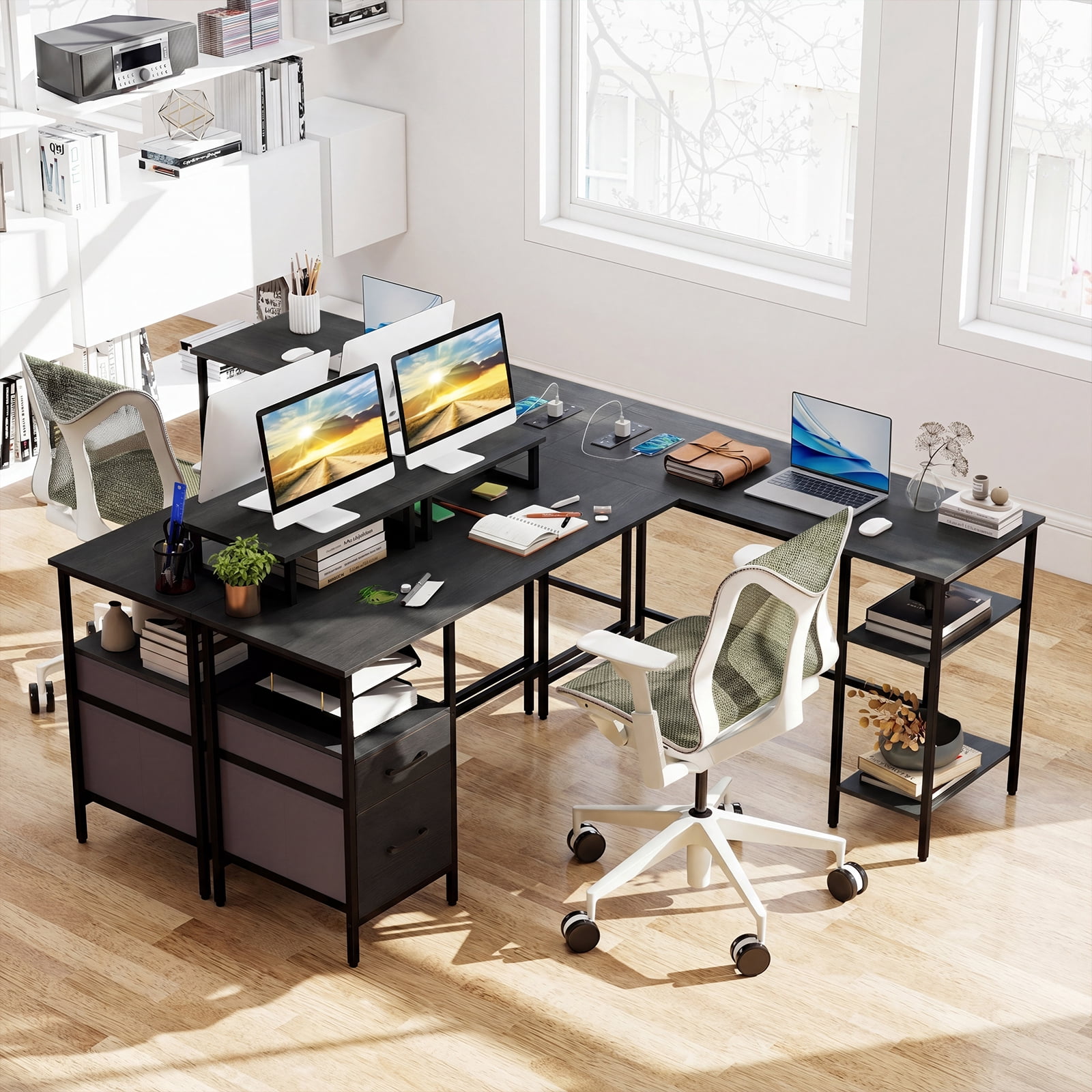 Costway L Shaped Desk with Power Outlet, Reversible Computer Desk with Monitor Stands Gray + Black