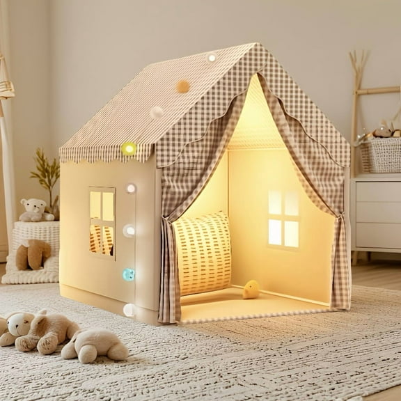 Plaid Play Tent - Cabin-Shaped Gingham Design for Indoor/Outdoor, Durable Polyester Kids Fort for Role-Play & Parties