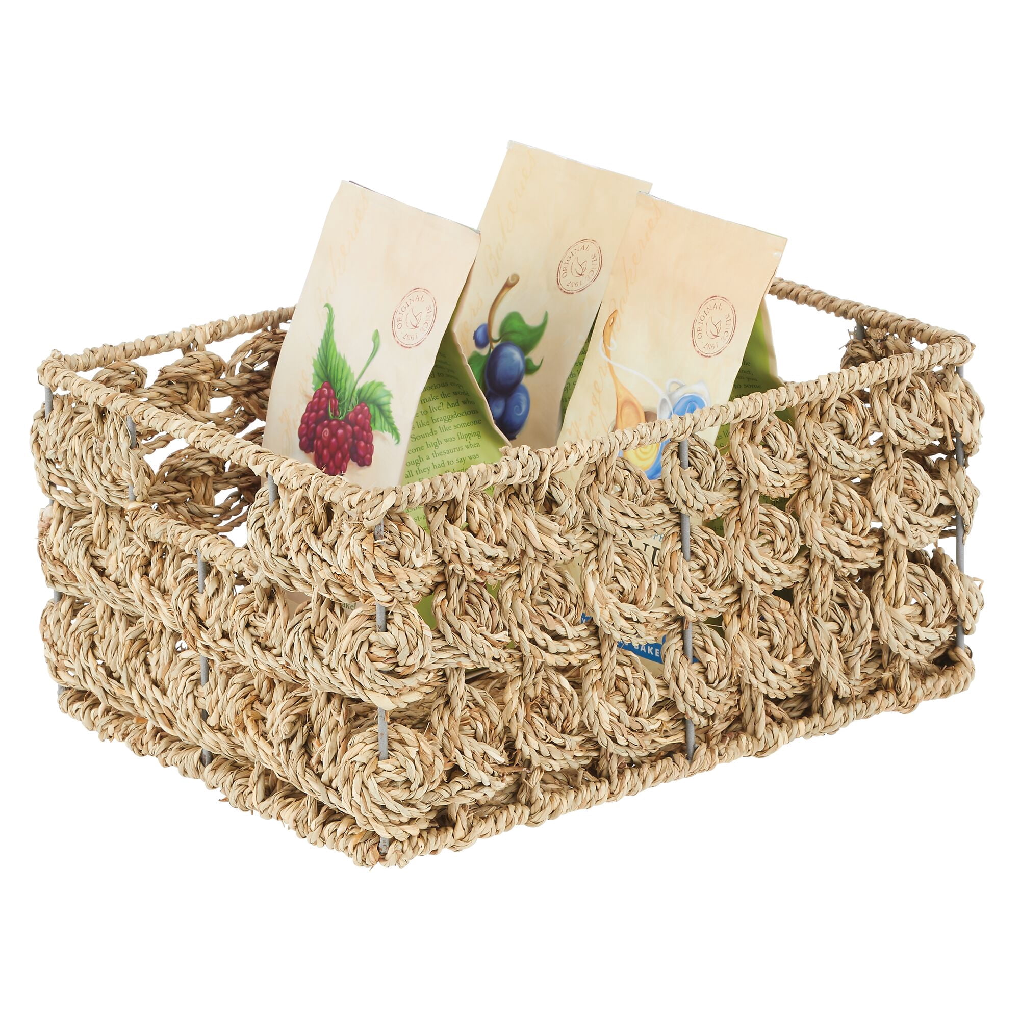 mDesign Seagrass Rose Weave Household Basket with Handles, 3 Pack, Natural/Tan