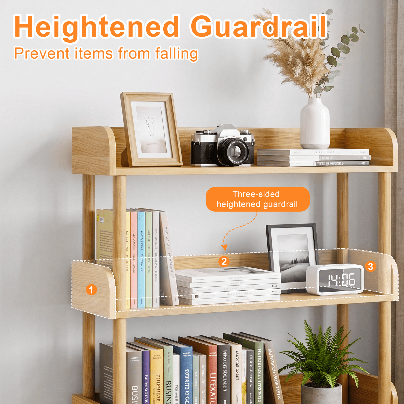 GARITIN 5 Tier Wood Bookshelf, Freestanding Display Shelf with Open Storage Shelves and Solid Wood Legs for Home Office Living Room, Wood