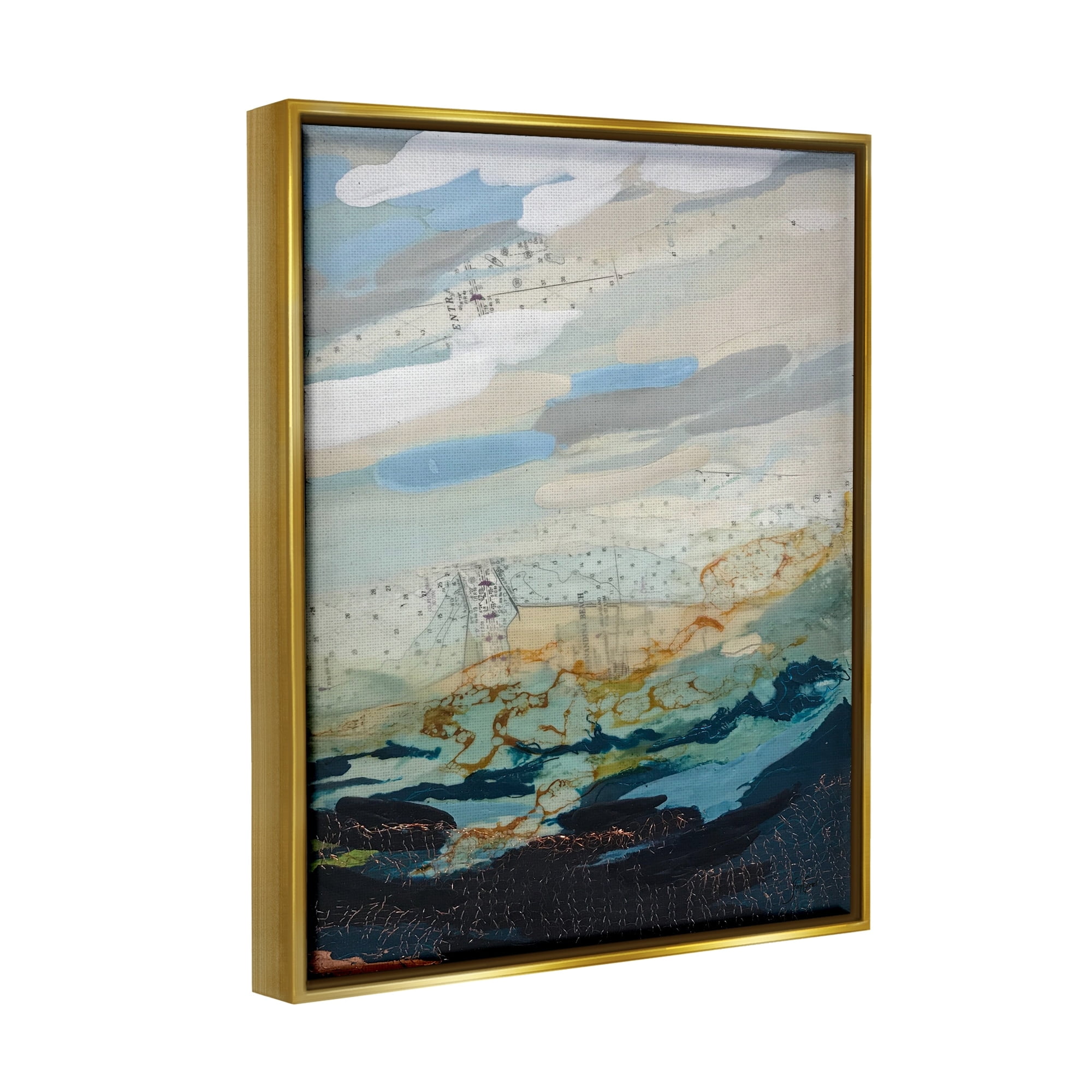 Stupell Industries Nautical Landscape Abstract Ocean Layered Map Collage Painting Metallic Gold Floating Framed Canvas Print Wall Art, Design by Stacy Gresell