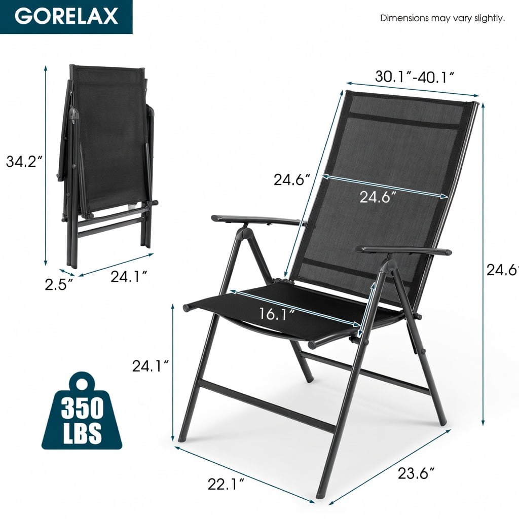 Hommoo 2-Pack Adjustable Outdoor Folding Dining Chairs, Heavy-Duty Steel Frame, Breathable Fabric, Portable Patio Recliners for Deck, Poolside & Garden, Black