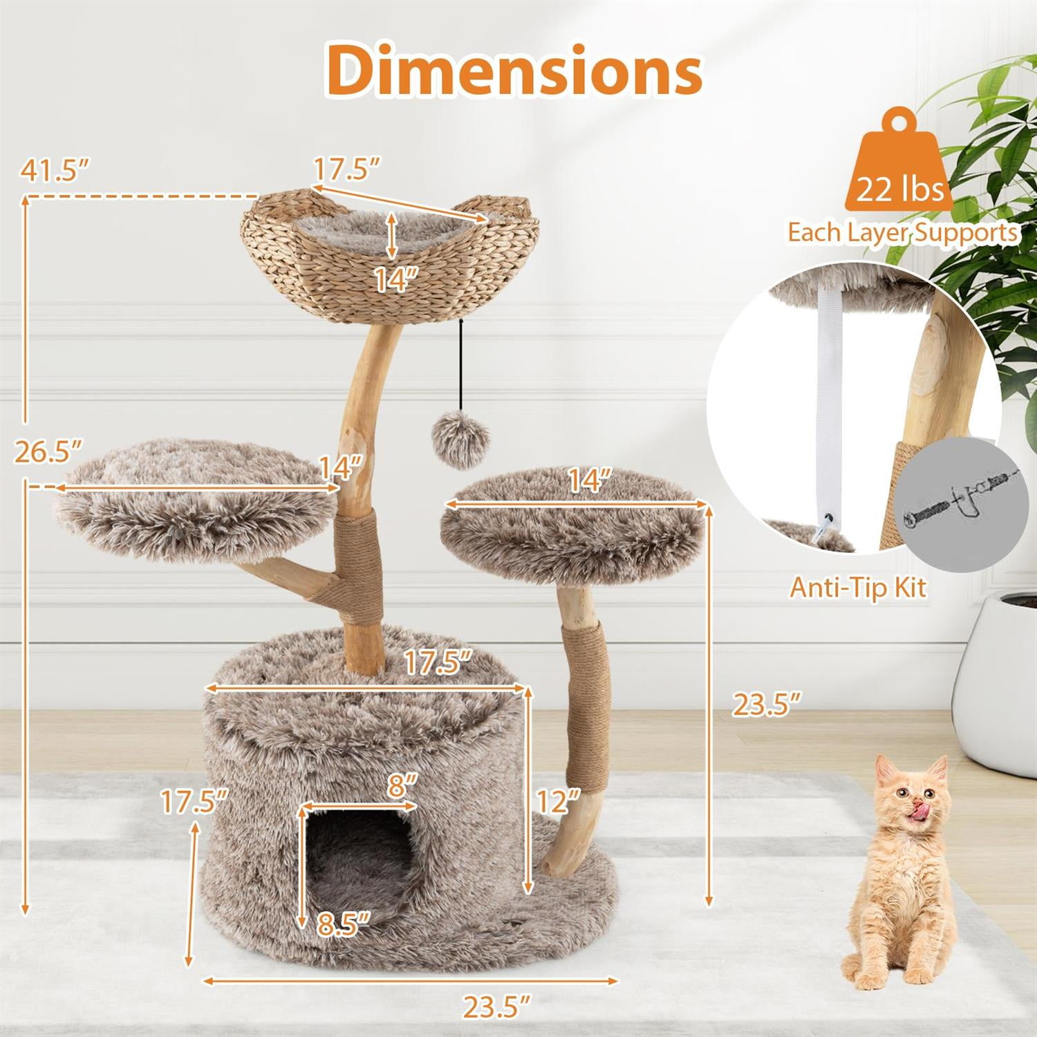 Pefilos Solid Pear Wood Cat Tree, Top Perch & Sisal Scratching Posts, Jumping Platforms & Removable Pads, Brown