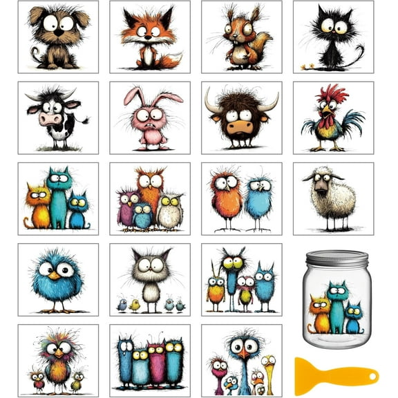 18 Sheets Funny Animals Rub on Transfer for Glass Bottle UV DTF Cup Wraps Cute Pets Dog Bird Transfer Stickers Home Decals for Vase Porcelain DIY Making