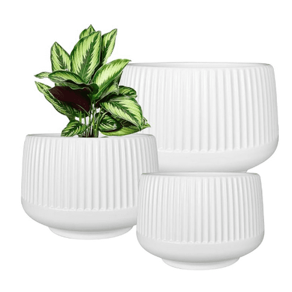30.8 x 18.2 cm Round White Ceramic Ribbed Flower Pot with High-density 3 Count
