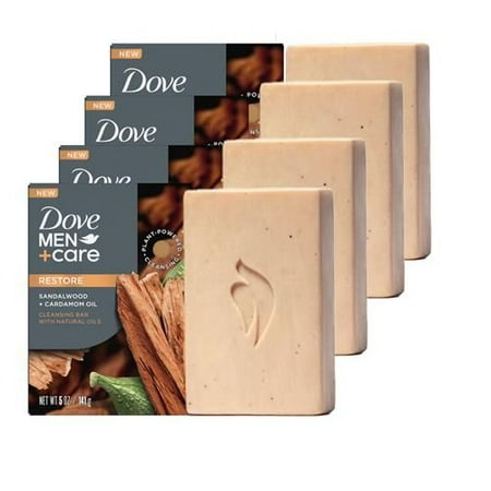 Dove Men + Care Cleansing Bar Soap Sandalwood + Cardamom Oil 4 Bars To Rebuild Skin In The Shower, A 4In1 Hair, Body, Face & Shaving Bar With Plant-Based Cleanser And Natural Oils 5 Oz - Pack of 2