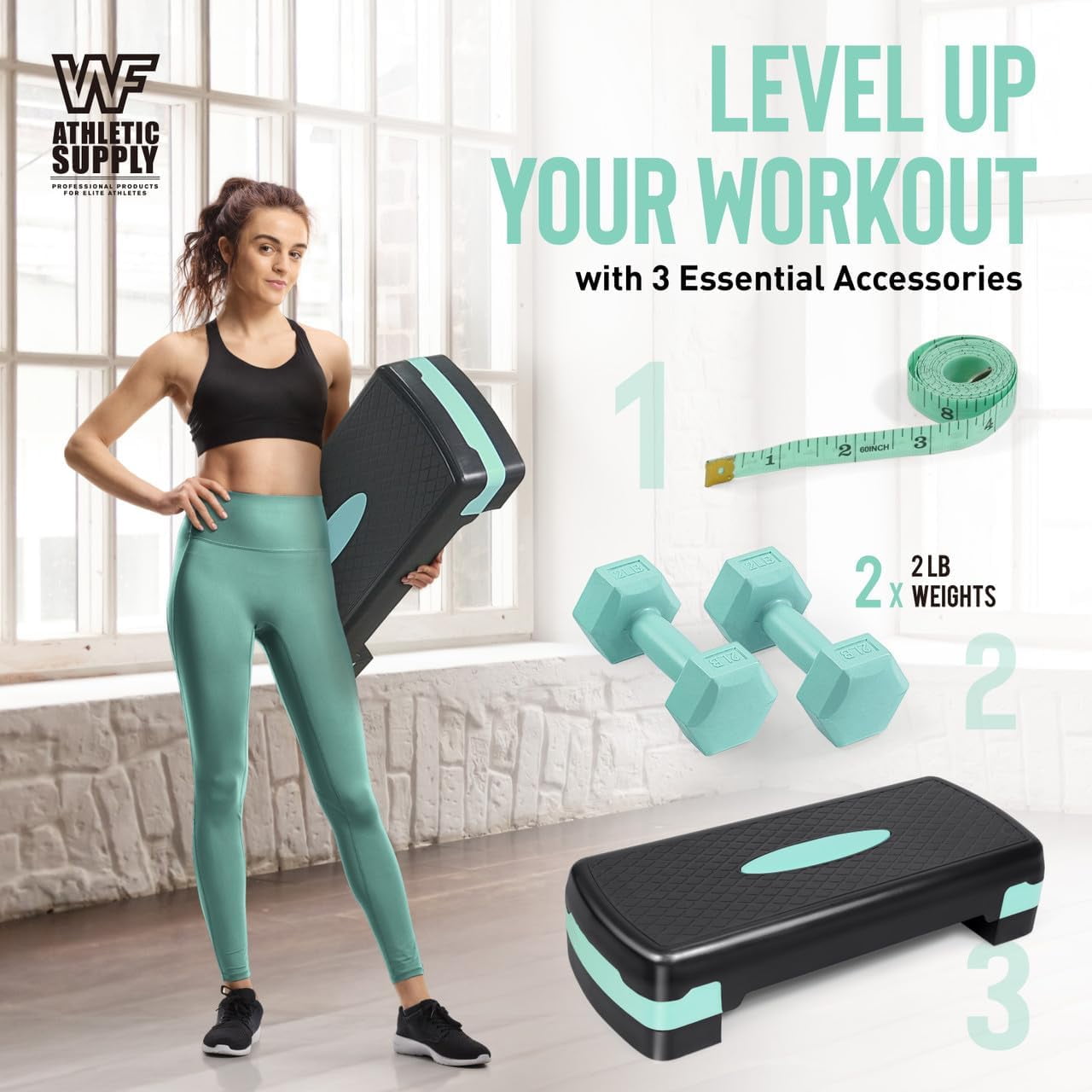 WF Athletic Supply Aerobic Stepper Set with Dumbbells & Measuring Tape, Adjustable Height 2 Level Risers Workout Exercise Step Platform Trainer for Home Gym Exercise Fitness Workout, Green