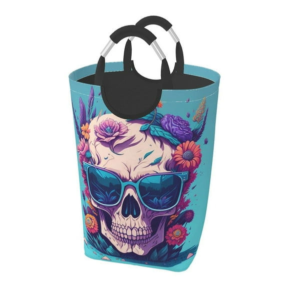 DouZhe 50L Rectangular Laundry Basket, Beauty Skull Flowers Prints Waterproof Foldable Laundry Hamper with Aluminum Handles