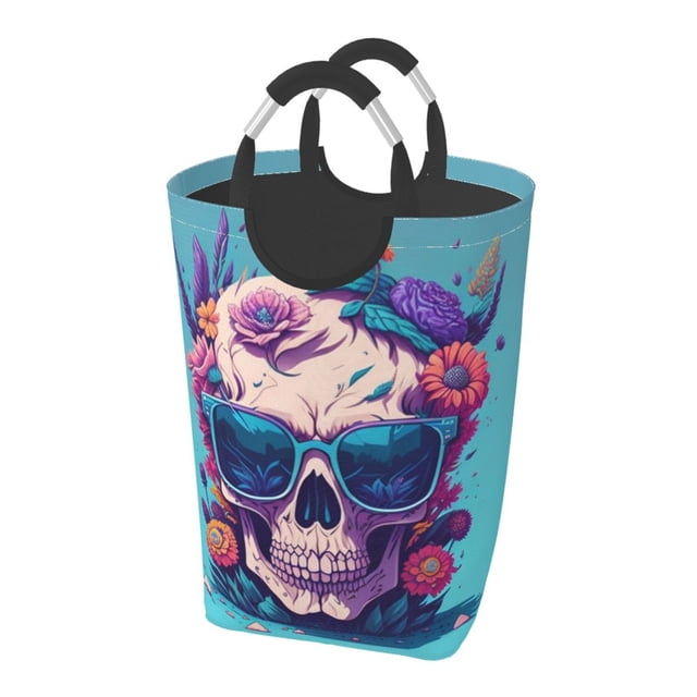 DouZhe 50L Rectangular Laundry Basket, Beauty Skull Flowers Prints Waterproof Foldable Laundry Hamper with Aluminum Handles