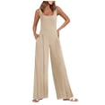 thumbnail image 1 of HBFAGFB Jumpsuits for Women Square Neck Ribbed Wide Leg Sleeveless High Waist Pant Rompers Beige Size M, 1 of 9