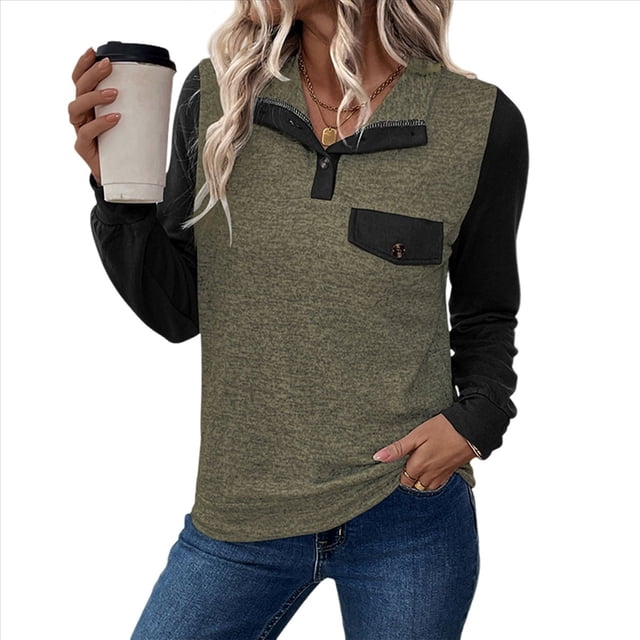 Blusa Holgada de Retazos con Cuello de Solapa y Botones de Larga con Bloques de Color para Mujer, Estilo Urbano Y2K Verde L