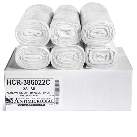 Aluf Plastics High Density Trash Bags, 60 Gallon, 150 Count, 22 Micron (eq), 38" x 60", Clear, for Bathroom, Office, Industrial, Commercial, Janitorial, Municipal, Recycling