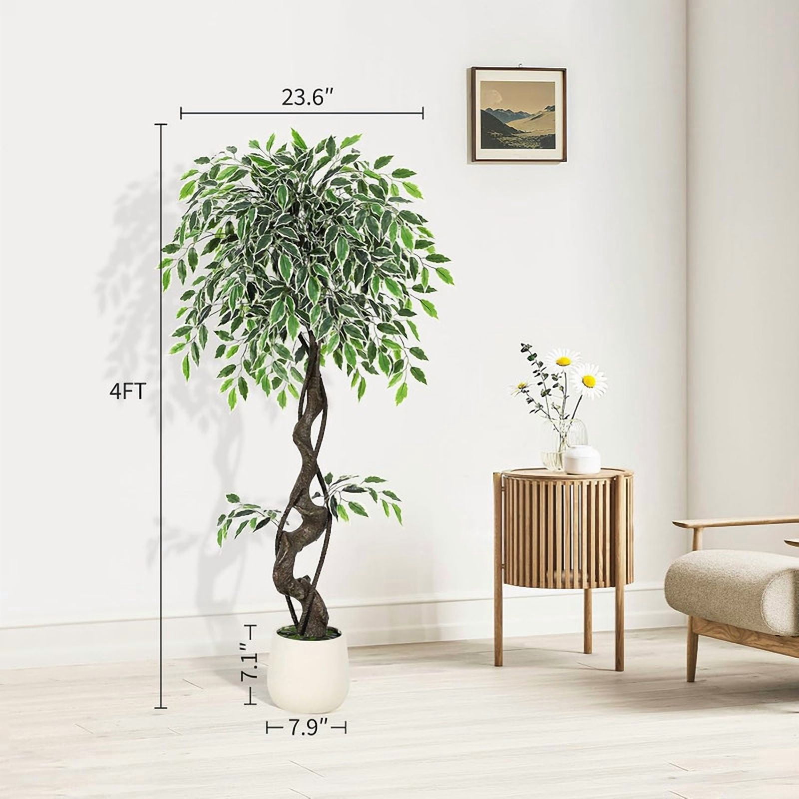 6FT Artificial Tree Ficus, Tall Faux Trees Indoor with Natural Trunk and Fake Silk Tree Fake Plants for Home Spring Decor Living Room Outdoor Balcony House Office (Included Dried Moss Pebbles)