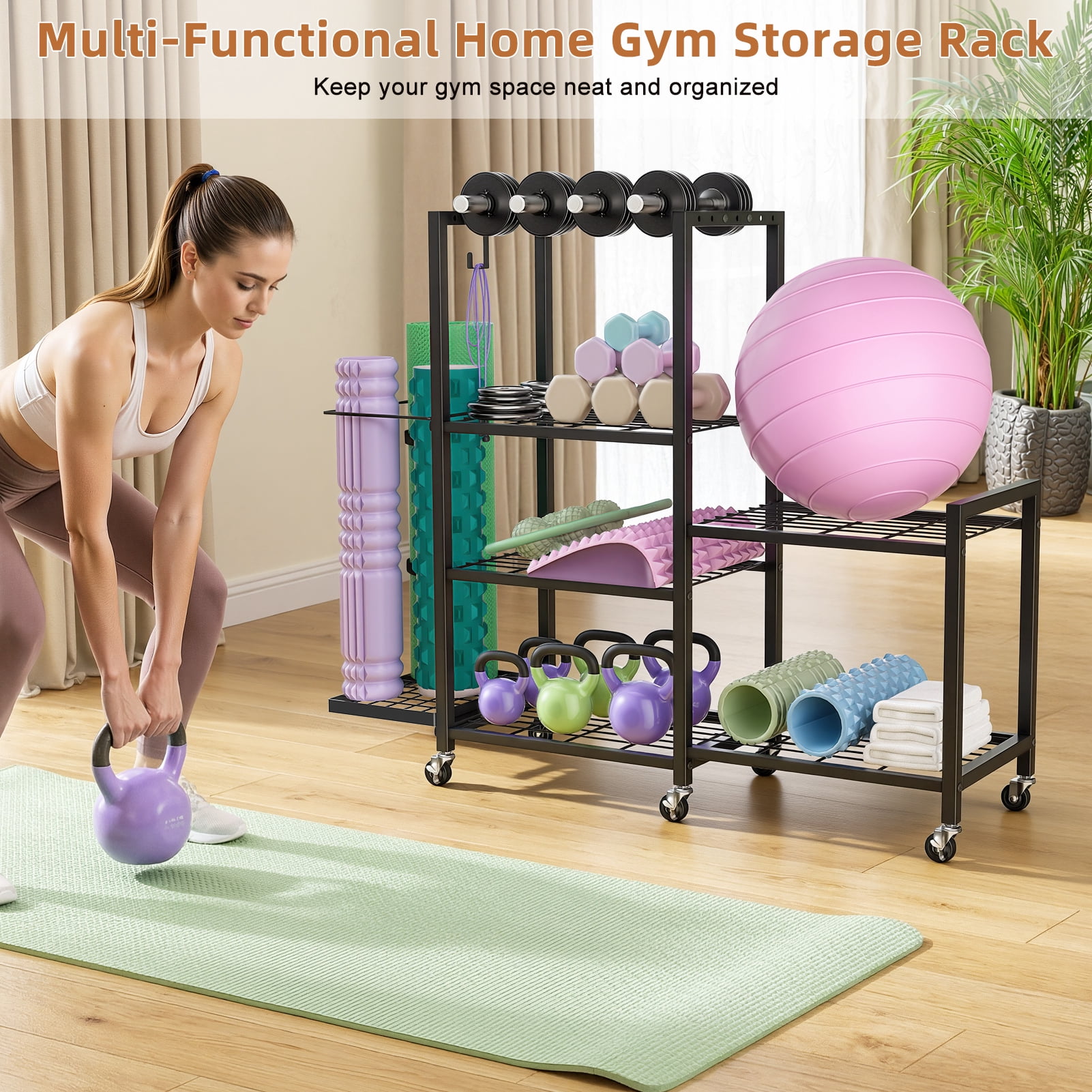 Home Gym Storage Rack with Wheels, Adjustable Dumbbell Storage Yoga Mat Organizer, Multi-Purpose Fitness Equipment Stand