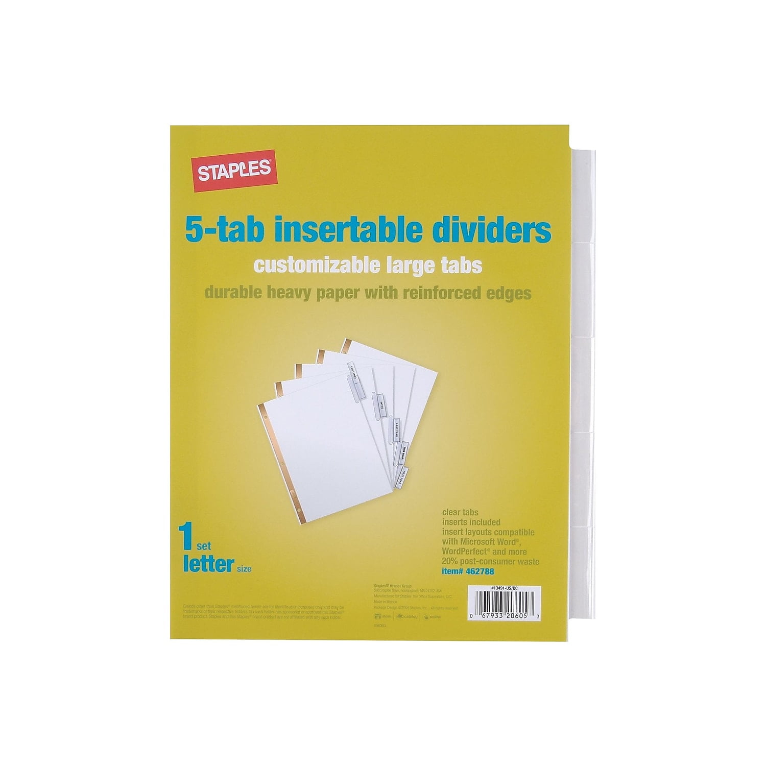 Staples Big Tab Insertable Paper Dividers 5-Tab Clear (13491/11122) 462788