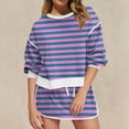 thumbnail image 3 of Bloomae 2 Piece Striped Sets for Women Casual Tracksuit Long Sleeve Crew Neck Pullover Sweatshirt Drawstring Elastic Waist Skirted Skorts Matching Set Lounge Wear Sweat Suit Purple XL, 3 of 8