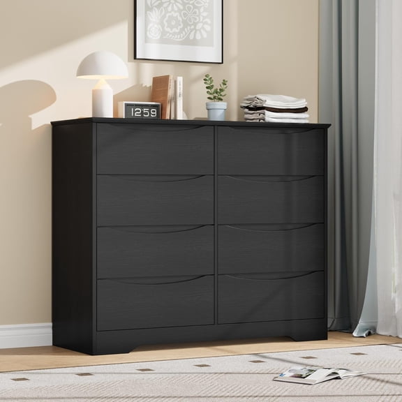 Wooden Dresser with 8 Drawers, Tall Modern Closet with Deep Storage, Large Chest of Drawers with Wide Top, Long Storage Dresser for Bedroom, Living Room, Hallway, Kids Room, Black
