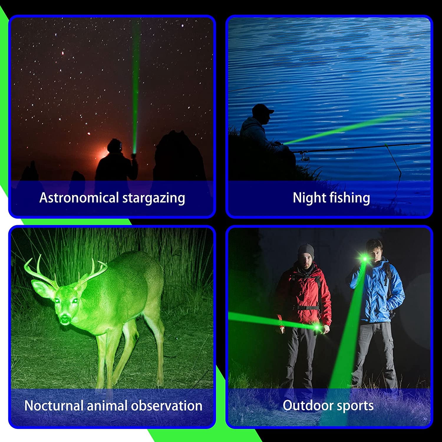 ABPETE 4 Packs Hunting Light Flashlights LED Torch with 3 Modes LED Zoomable Scalable Light Flashlight Torch for Fishing Hunting Night Observation, Batteries Not Included(Green)
