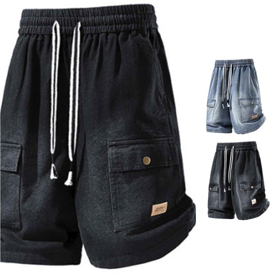 XIAONU Mens Solid Denim Shorts Elastic Waist Side Pockets Shorts