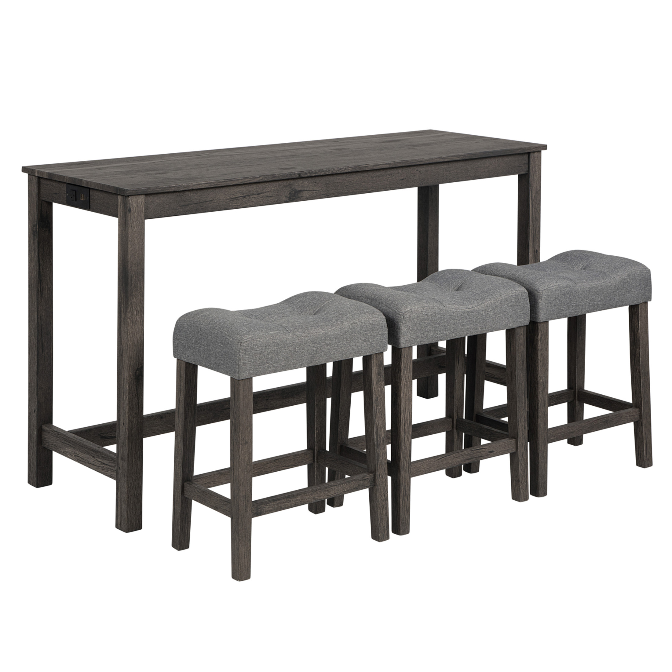 Noble House 35.5"H Dining Bar Table Set with Power Outlet, Upholstered Counter Stools for 3, Dark Gray Finish