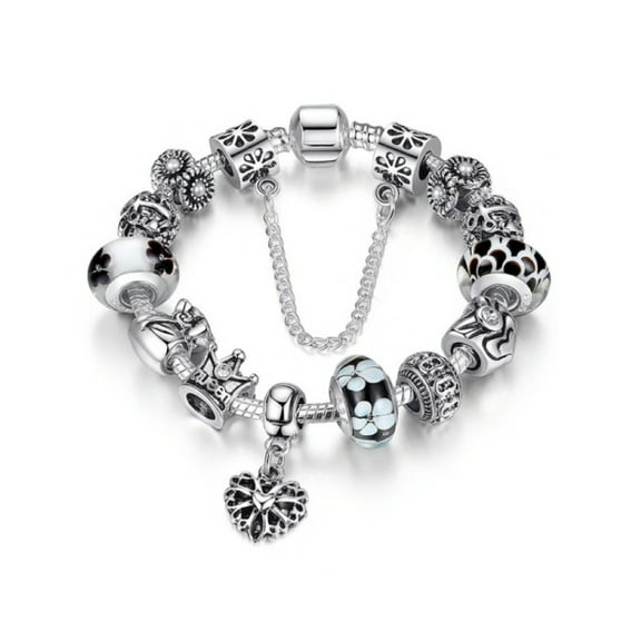 Silvertone Black White Charm Bracelet With Heart Charm