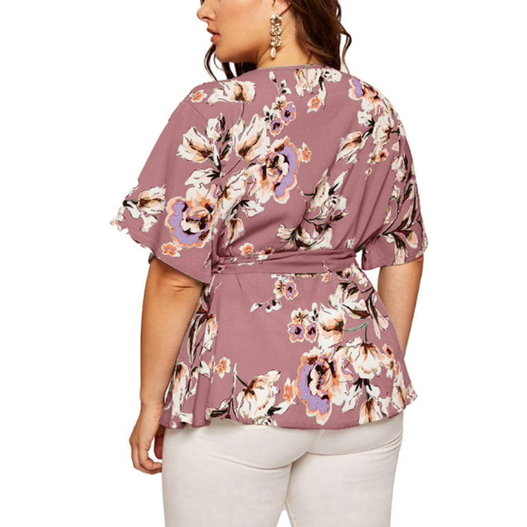 Avamo Womens Deep V Neck Chiffon Shirts Tie-Belt Peplum Wrap Blouse Plus  Size Tunic Tops Floral Print Short Sleeve Blouses 