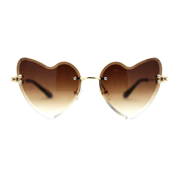 Womens Gothic Luxe Rimless Beveled Lens Cat Eye Heart Sunglasses Gold Brown