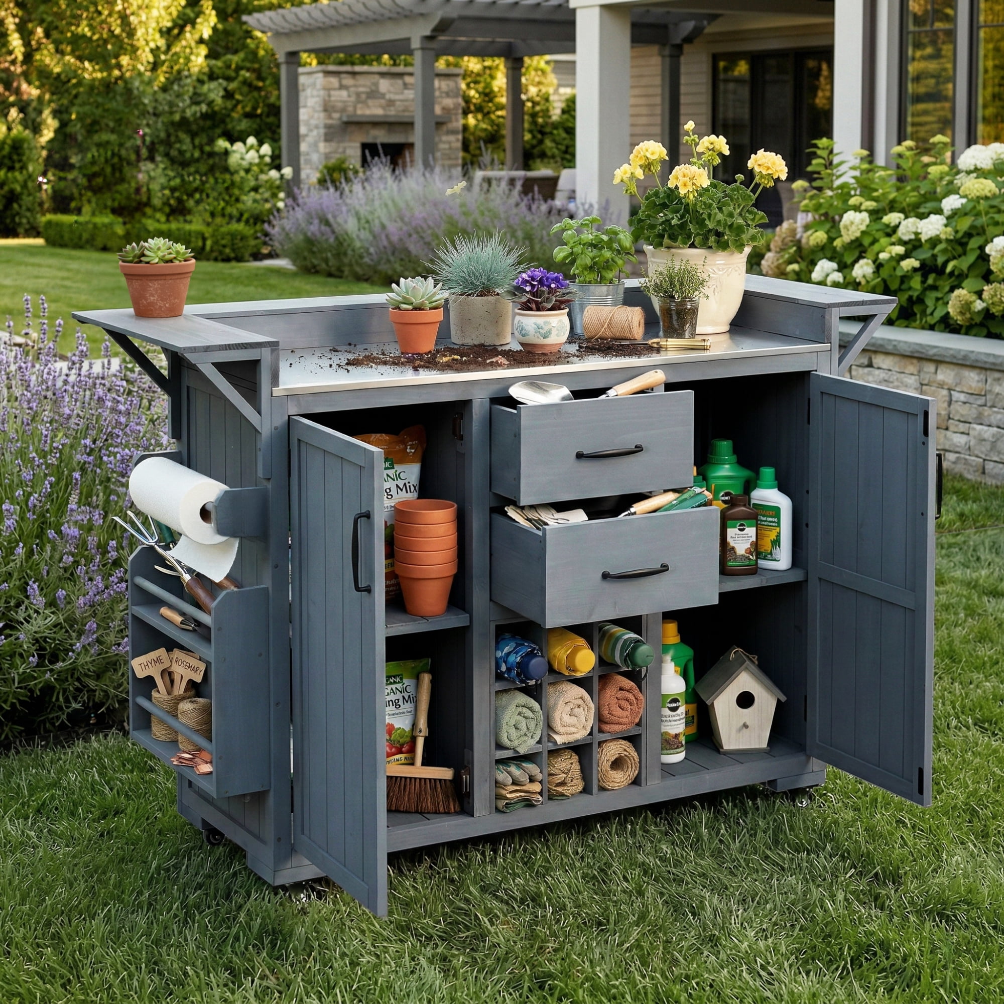 Mintazer Modern 60.2" Outdoor Kitchen Island with Wheels, Rolling Kitchen Island with Stainless Steel Top & Wine Rack, Patio BBQ Kitchen Cart with Spice Rack & 2 Drawers, Gray