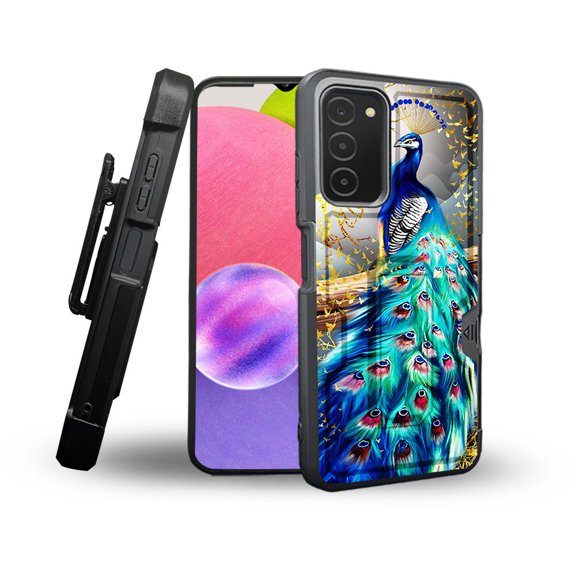 ANJ  Rugged Shockproof Holster Case Card Slot Kickstand   Tempered Glass Cover for Samsung Galaxy A03s - Blue Peacock