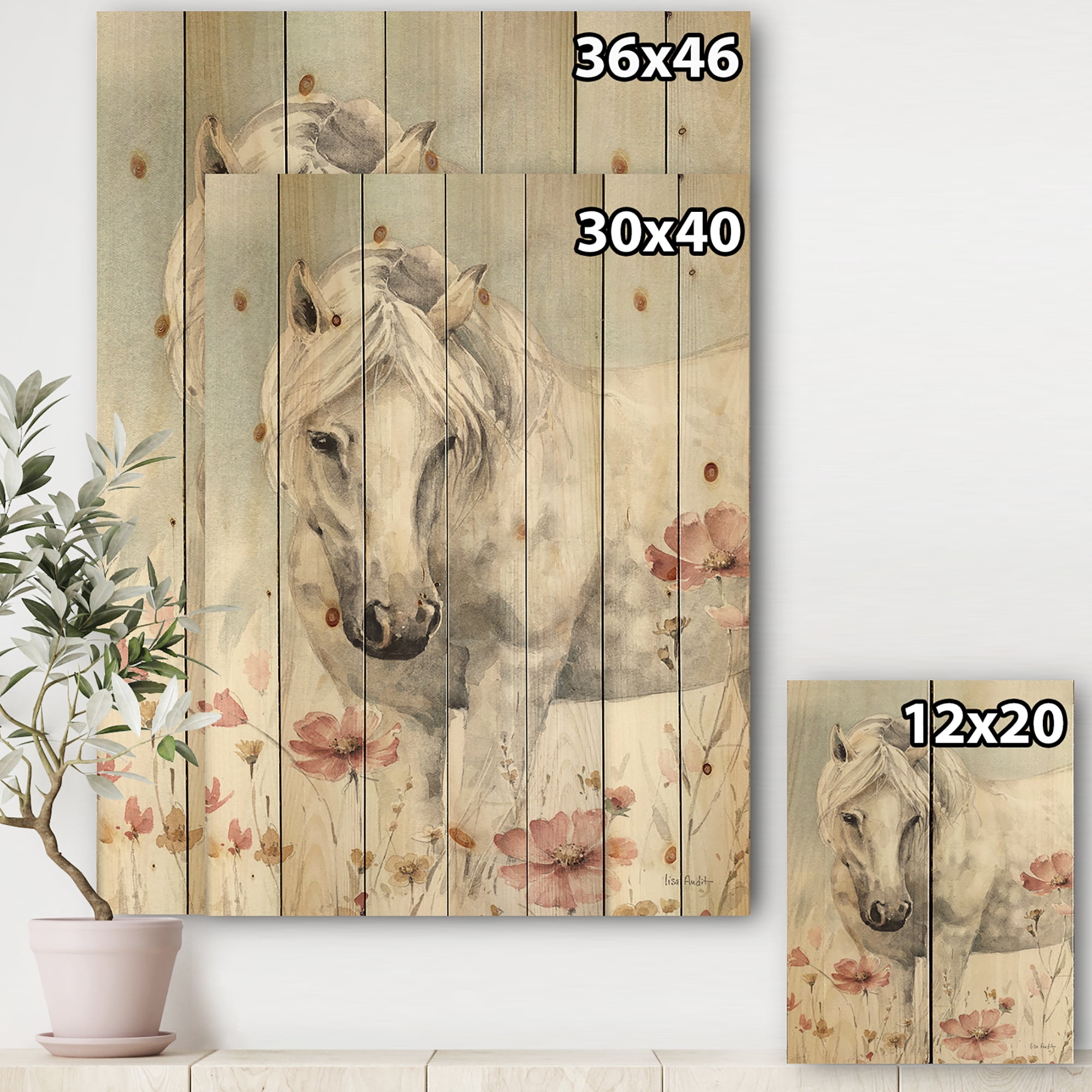 Designart 'watercolors Pink Wild Horses I' Farmhouse Print on Natural Pine Wood