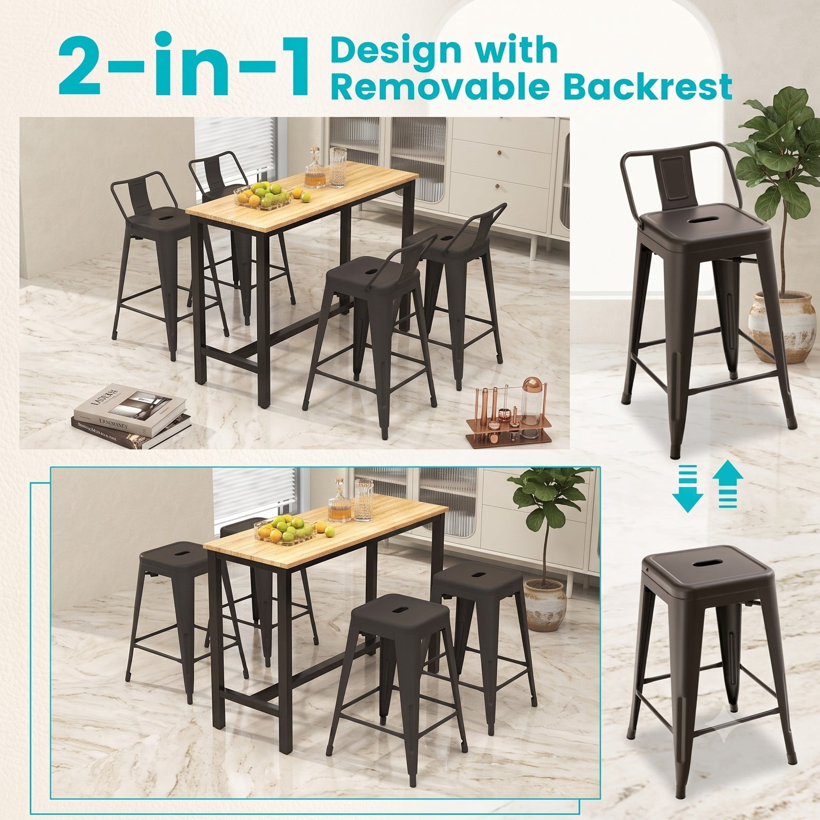 Furnibear 24 Inch Cafe Side Chairs Set of 4, Metal Bar Stools with Removable Backrest, Footrest and Rubber Feet, Stackable Counter Height Kitchen Chairs for, Gun Black