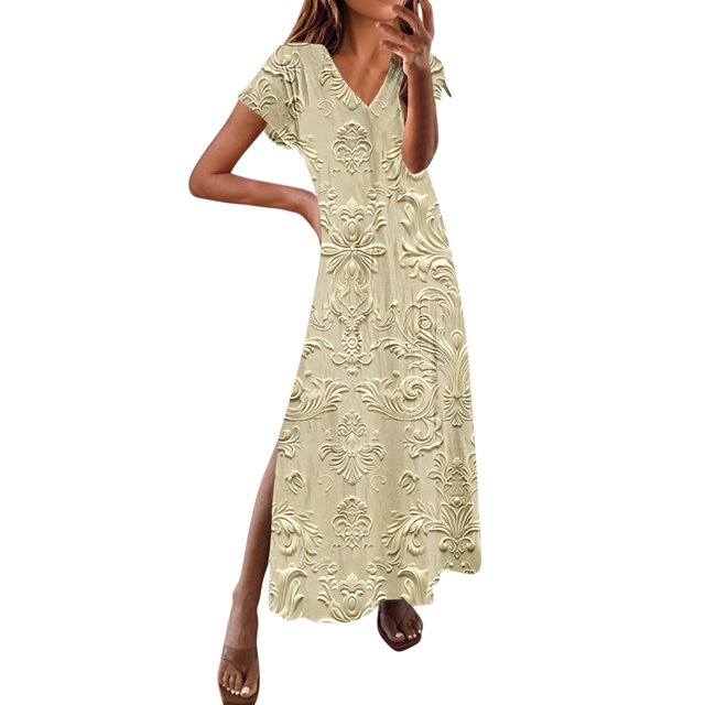 bbymog Robes Femmes Robes Femmes Grande Taille Robe Maxi Été Col en V Fente Latérale Robe de Plage Florale Longue Robes Fluides pour Femmes Jaune A S