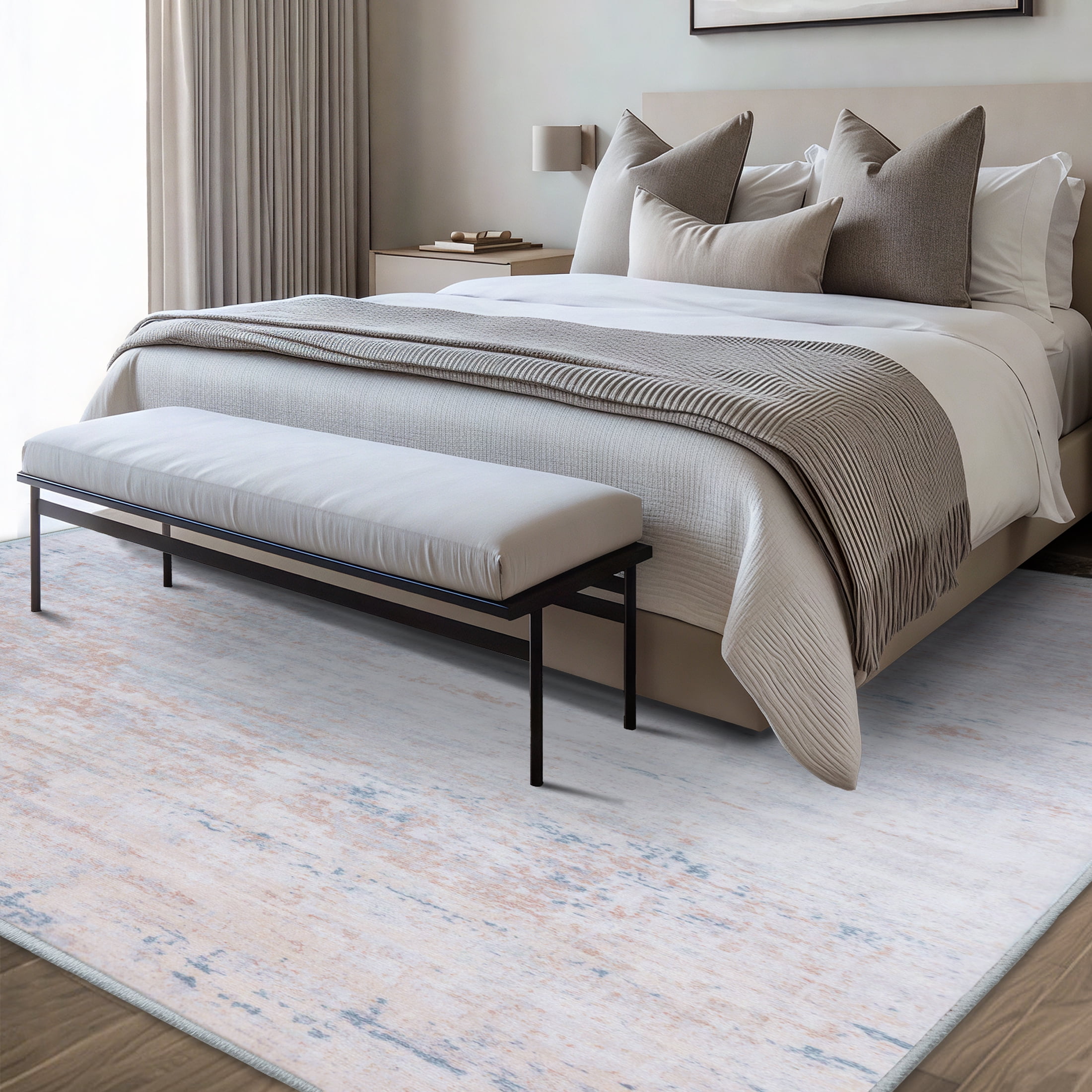 ARJINCUTE Distressed Abstract Beige Blue Area Rugs, 9'x12', Low Pile Machine Washable Non-Slip