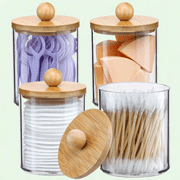 4 Pack Qtip Holder with Bamboo Lids, 10 oz Clear Plastic Apothecary Jars