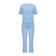 thumbnail image 4 of Wyobmus Womens 2 Piece Sets Summer Cotton Linen Outfits Lounge Set Crew Neck Crop Tops Wide Leg Pants Vacation Travel Outfits S-2X A-Blue, 4 of 4