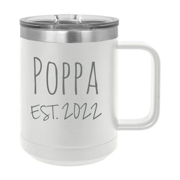 Poppa Est. 2022 Established Stainless Steel Vacuum Insulated 15 Oz Engraved Double-Walled Travel Coffee Mug with Slider Lid