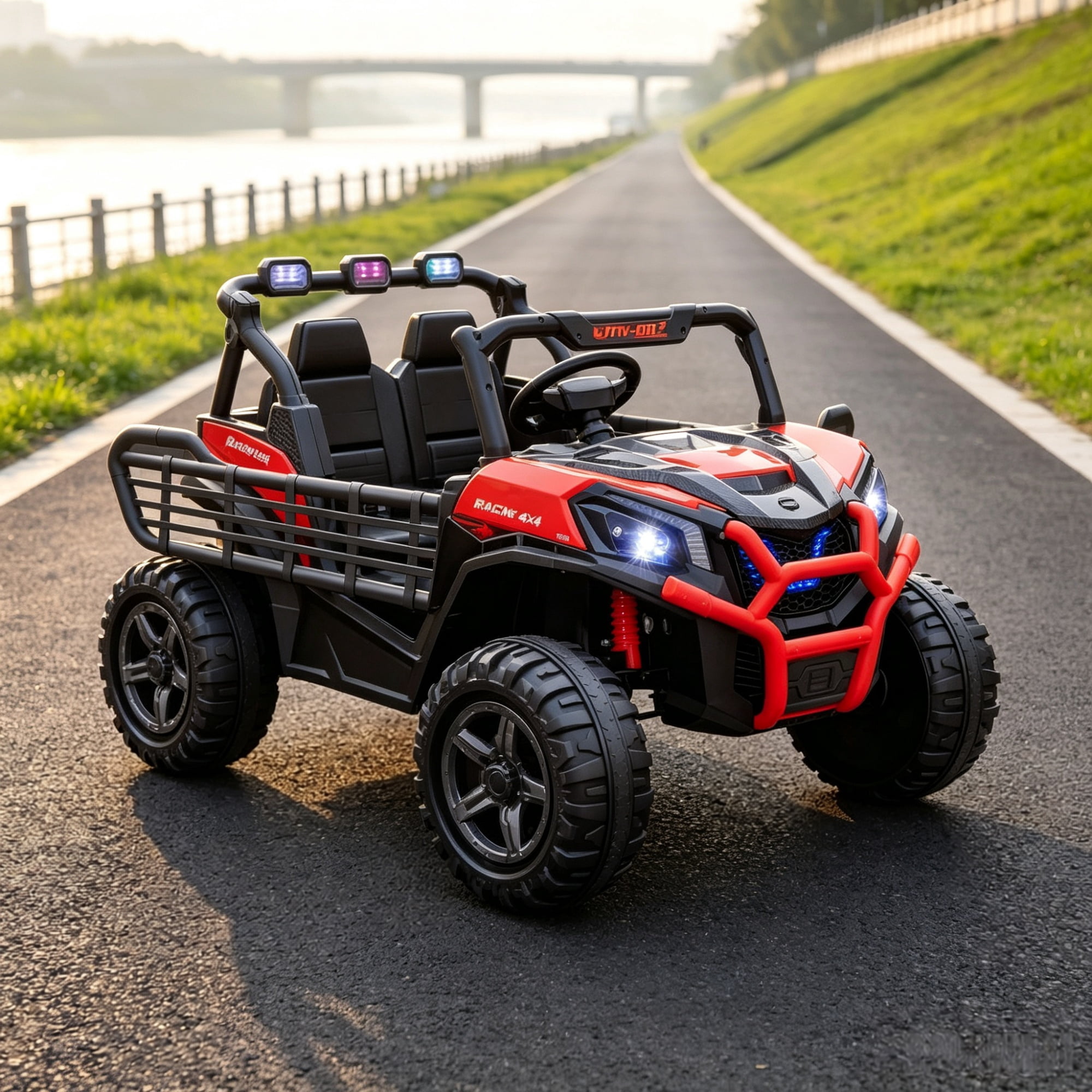 2 Seater 24V Kids Electric Car, Remote Control 3 Speed LED Lights Music Horn Spring Suspension Slow Start, Red