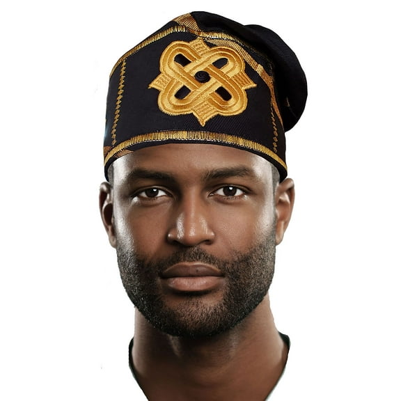 Black and Gold Embroidered African Hand woven Aso Oke Hat