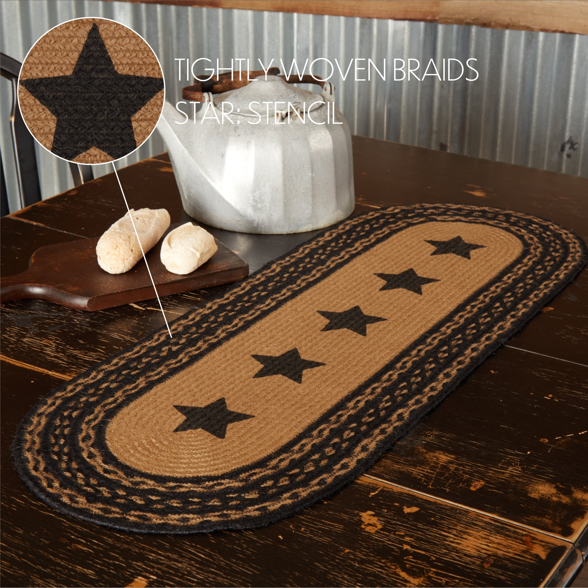 VHC Brands Farmhouse Primitive Jute Black Textured Table Runner w/Stenciled Stars 13"x36"