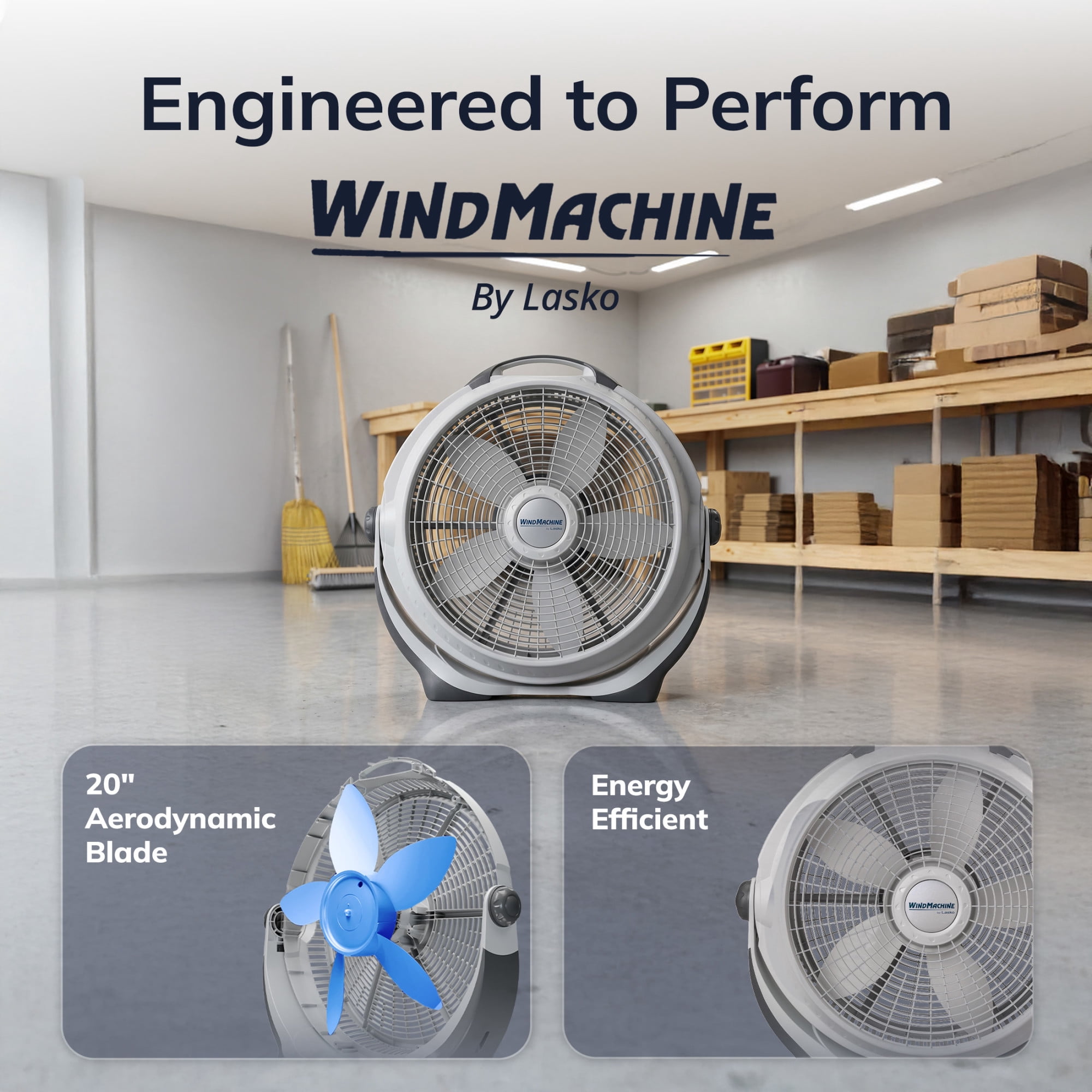 Lasko WindMachine 20" Large Floor Fan with Pivoting Head for Whole Room Cooling, 3-Speed  High Performance Air Circulator Fan, Gray, A20301