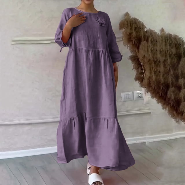 Gspmoly Robes pour Femmes, Robe Décontractée en Lin Uni à Col en V pour le Printemps et l'Été avec Poches à Manches Longues, Robes de Soirée pour Femmes jusqu'à 65 % de Rabais