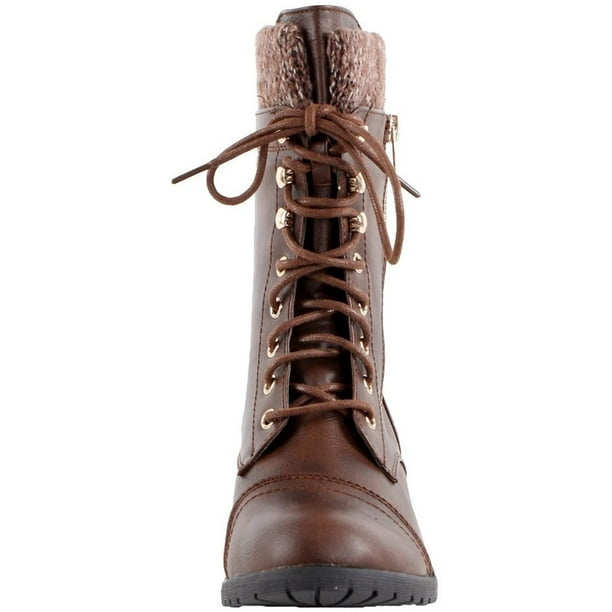 Forever Link Womens Mango 31 Round Toe Military Lace Up Knit Ankle