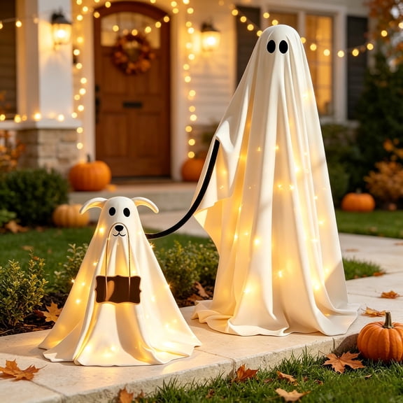 2 Pack Ghost Dog Halloween Decor Ghost LED Light Set Spooky Ghost Decor Indoor Outdoor Halloween Decorations for Entryway Fall Indoor Home Decorations