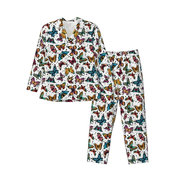 Balery Cute Butterfly Pijama para Hombre de Dos Piezas con Manga Larga, Conjunto de Dormir y Descanso Suave con Bolsillos-Large