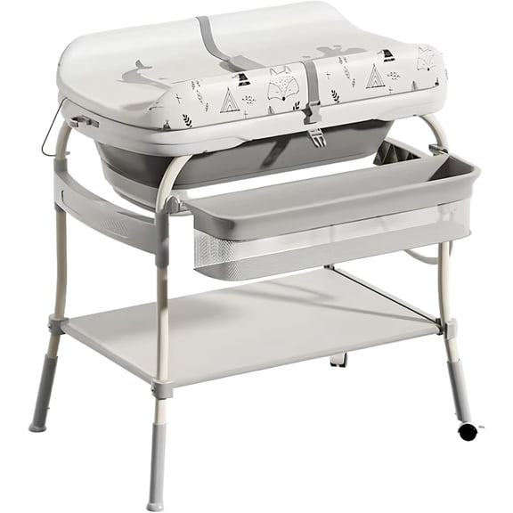 Cambiador para Bebe, Ajustable en 4 Alturas, Estación de Cambio de Pañales Impermeable Plegable, Bañera para Bebé con Termómetro, Canasta de Almacenamiento, 360°Ruedas, 85 * 54 * 93cm