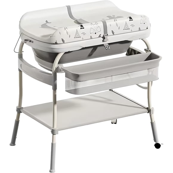 Cambiador para Bebe, Ajustable en 4 Alturas, Estación de Cambio de Pañales Impermeable Plegable, Bañera para Bebé con Termómetro, Canasta de Almacenamiento, 360°Ruedas, 85 * 54 * 93cm