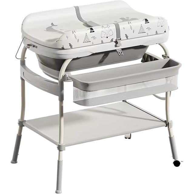 Cambiador para Bebe, Ajustable en 4 Alturas, Estación de Cambio de Pañales Impermeable Plegable, Bañera para Bebé con Termómetro, Canasta de Almacenamiento, 360°Ruedas, 85 * 54 * 93cm
