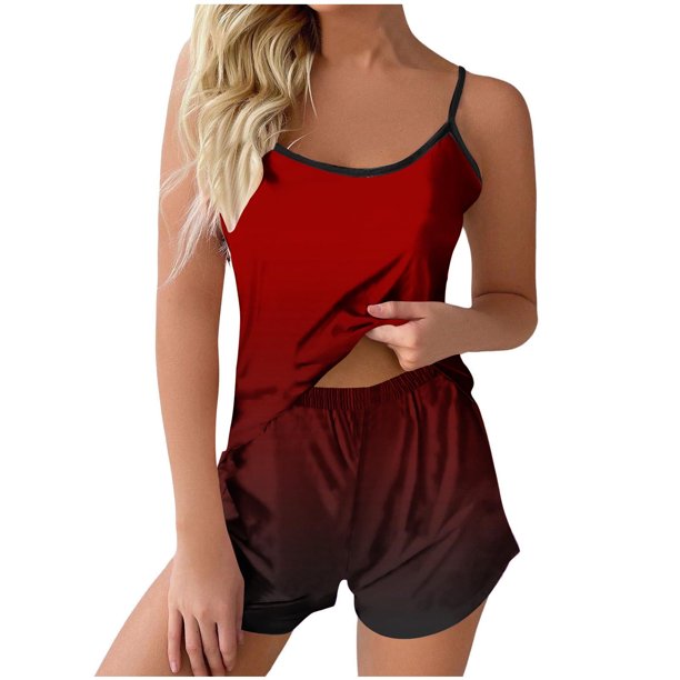 Sexy Pijama Conjunto para las Mujeres Gradiente Eslinga sin Mangas Tanque Empalme Pantalones Cortos Casual Pijamas Conjunto, Poliéster
